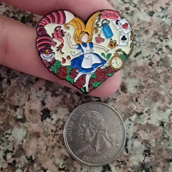 *2 for $13* Heart Shaped Alice in Wonderland Alice & Cheshire Cat Enamel Pin - Picture 3 of 3